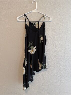 fab'rik Black Floral Asymmetrical Spaghetti Strap Top